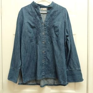 Womens Embroidered Denim Tunic Top XL 16/18 Western Boho Butterfly Button Front
